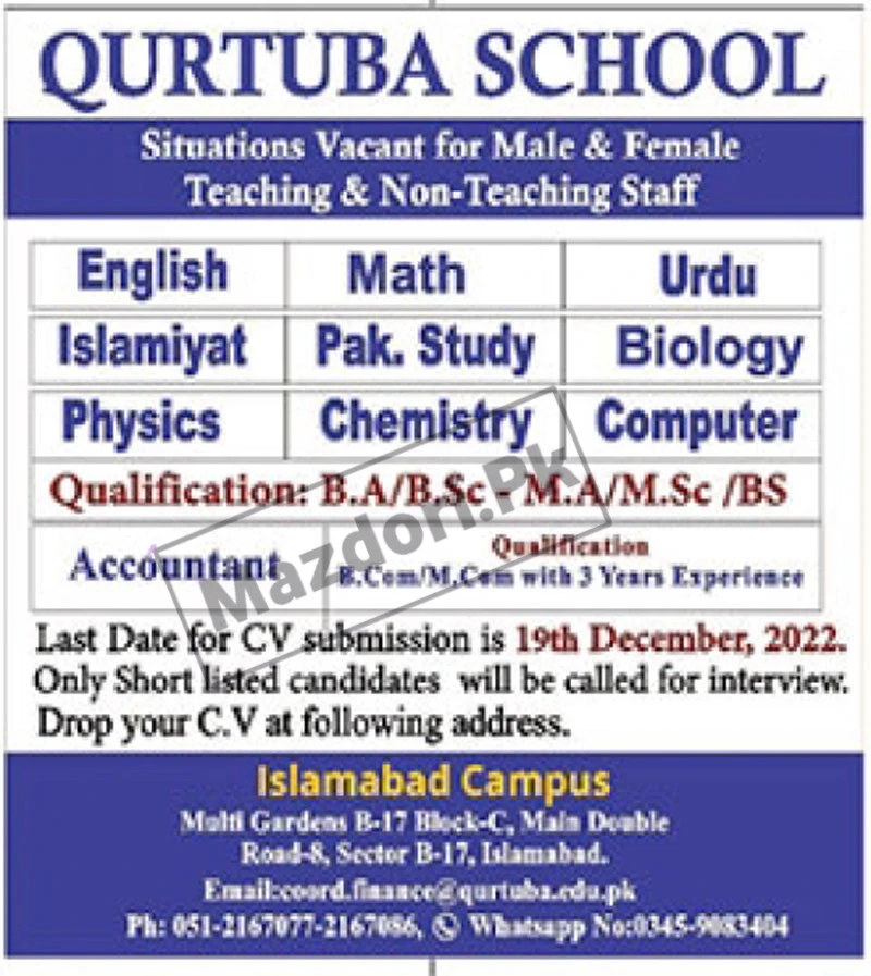 Qurtuba School Islamabad Campus Jobs 2023111