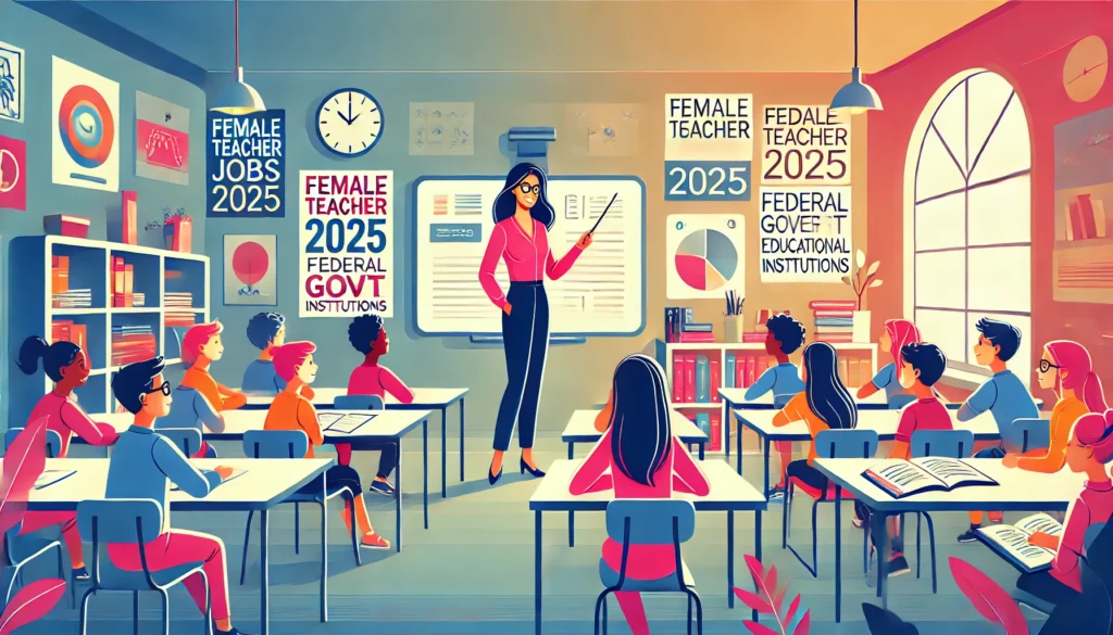 DALL·E 2025 01 28 14.50.23 A vibrant and modern illustration of a female teacher conducting a lesson in a well lit organized classroom. The teacher is standing at the front co