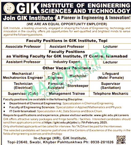 GIK Institute Jobs In KPK January 2025 Advertisement