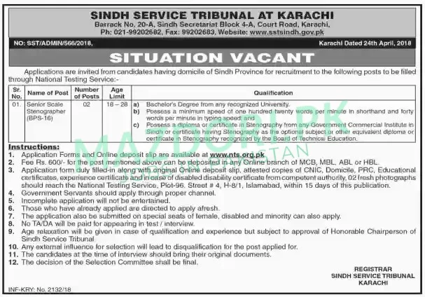 Govt of Sindh Service Tribunal Karachi Jobs 2025 – Latest Advertisement