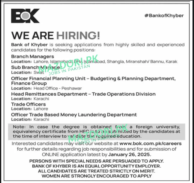 Bank of Khyber BOK Jobs