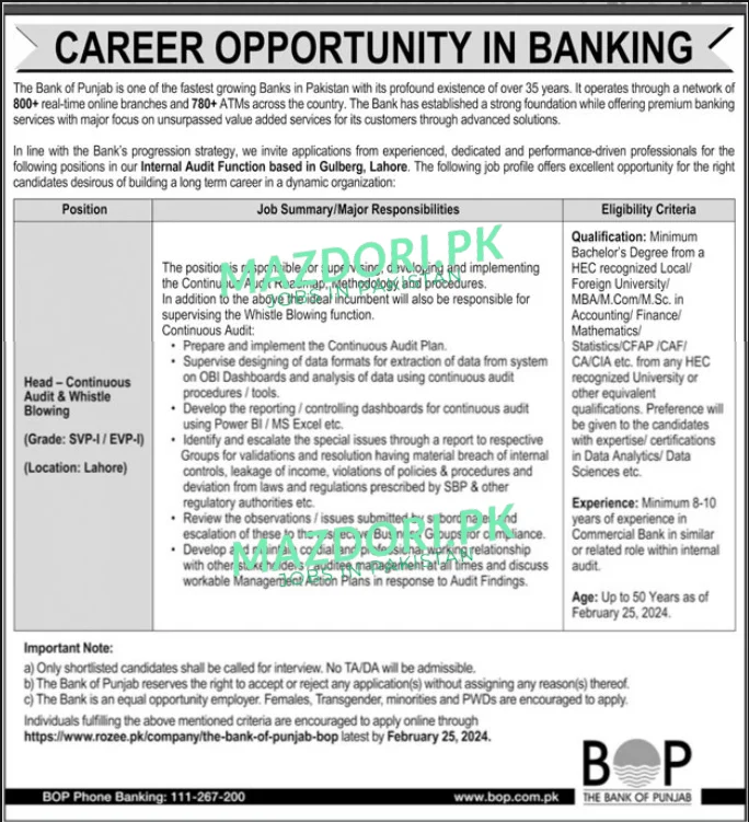 Bank of Punjab Jobs