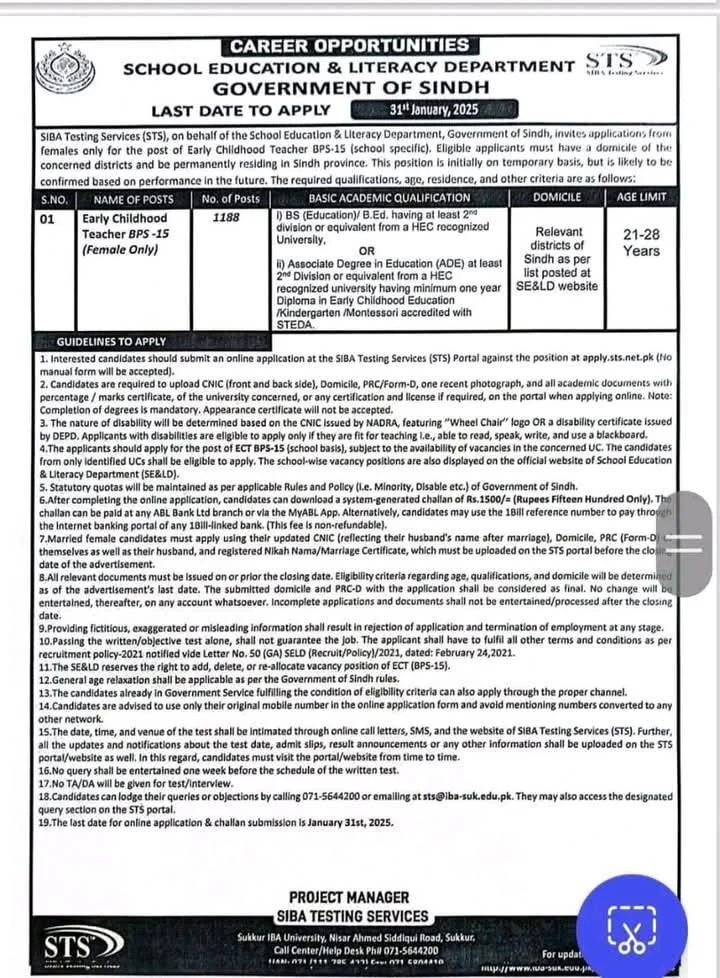 School Education and Literacy Department Sindh Jobs 2025 – (1188+ Vacancies)