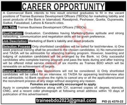Latest Commercial Bank Trainee Business Development Officer In Rawalpindi