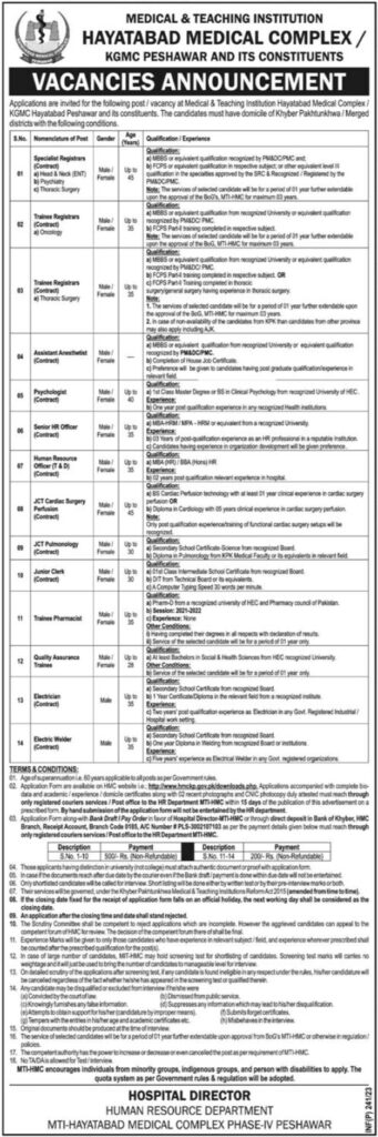 Latest Hayatabad Medical Complex Medical Jobs In Peshawar