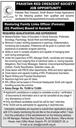 Pakistan Red Crescent Society Management Job In Karachi