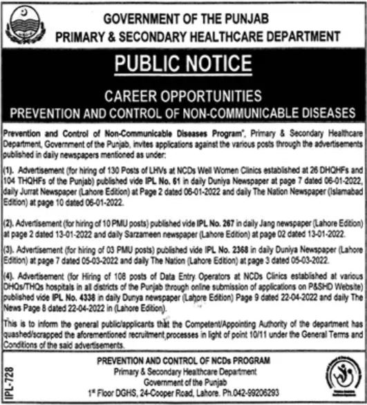 Government Jobs Primary & Secondary Healthcare Department
