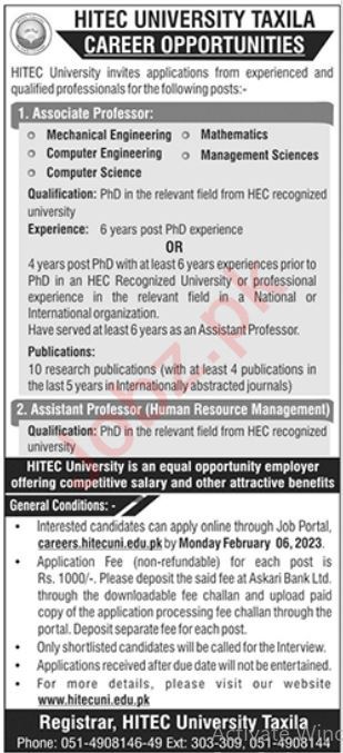 Latest Government Jobs In HITEC University Taxila
