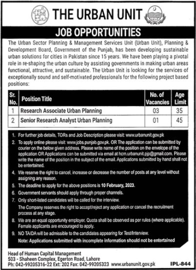 The Urban Unit Research Government Job In Lahore