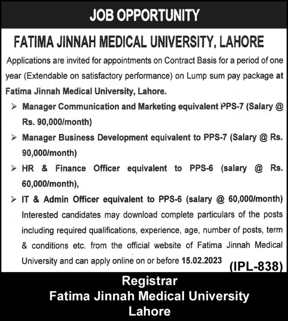 Government Jobs At Fatima Jinnah Medical University Lahore