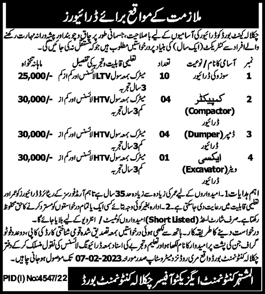 Latest Cantonment Board Driving Government Jobs 