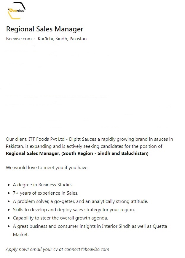 Latest Beevise Karachi Regional Sales Manager Jobs 