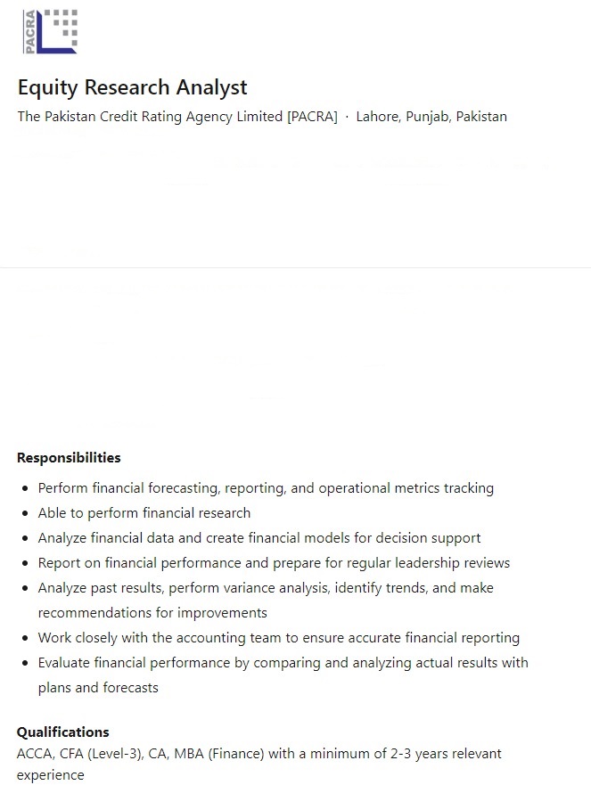 The Pakistan Credit Rating Agency Limited Jobs In Lahore 