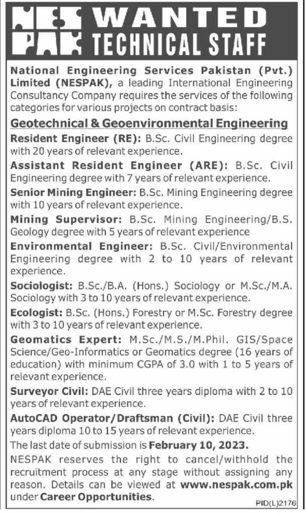 National Engineering Services Pakistan NESPAK Jobs Lahore