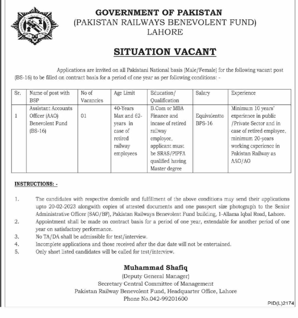 Government Jobs At Pakistan Railways Benevolent Fund