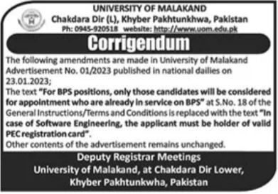 Government Jobs At The University Of Malakand 