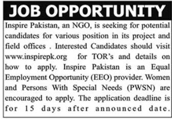 Latest Jobs At Inspire Pakistan NGO In Lahore Pakistan