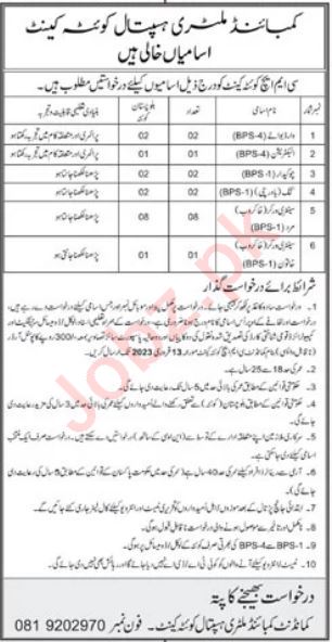 Government Jobs At Combined Military Hospital CMH Quetta