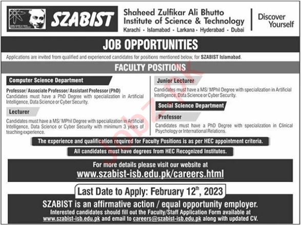Shaheed Zulfiqar Ali Bhutto Institute of Technology Jobs
