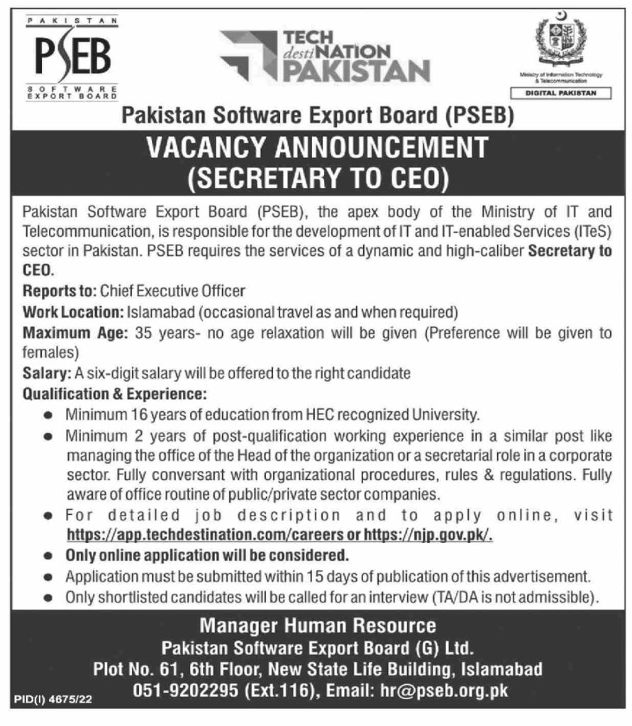 Government Jobs At Pakistan Software Export Board PSEB