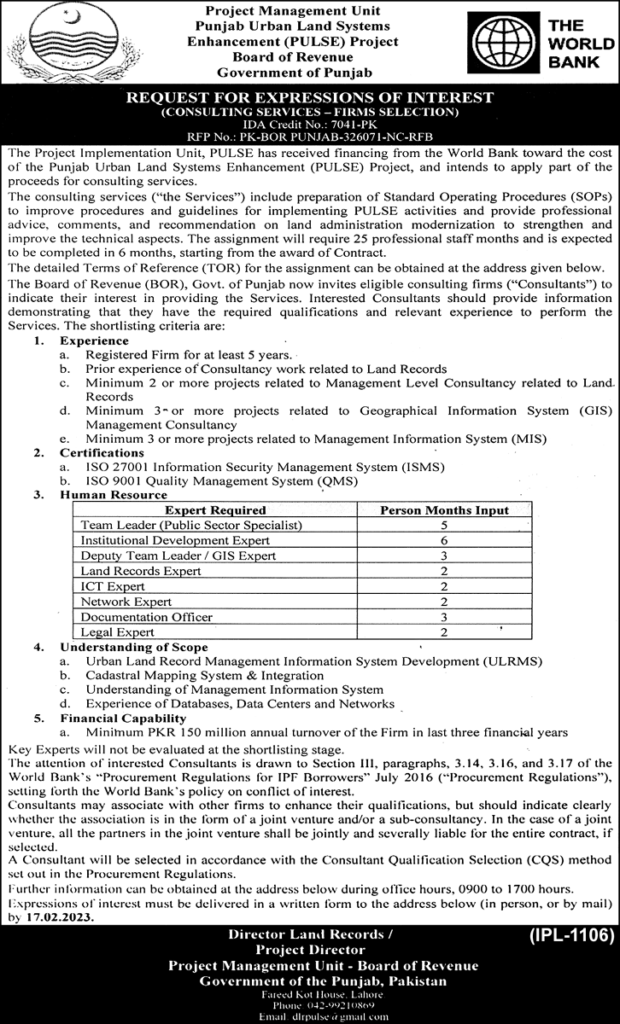 Government Latest Jobs At Directorate Of Land Records Lahore