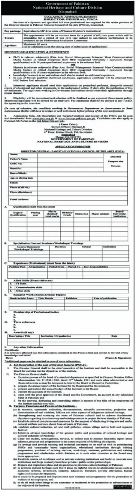 National Heritage & Culture Division Latest Jobs Islamabad