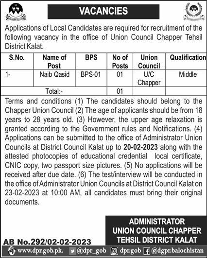 Government Latest Jobs At Office of Union Council Kalat