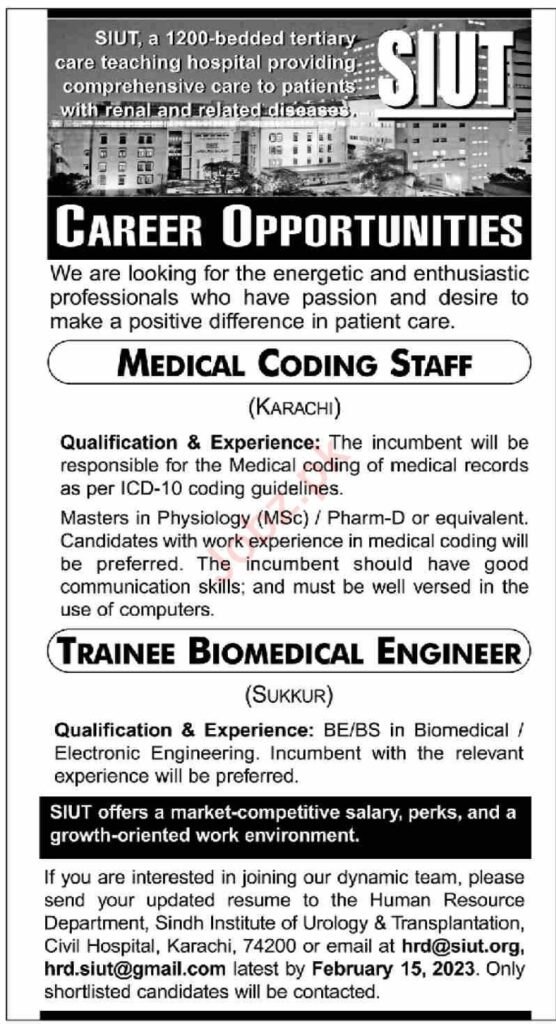Sindh Institute of Urology and Transplantation SIUT Jobs 