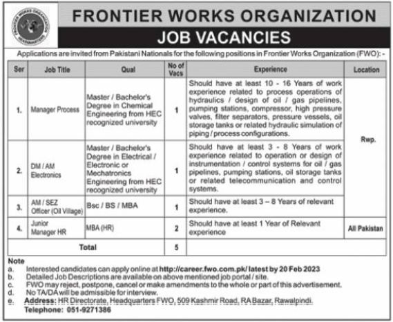 Frontier Works Organization FWO Government Jobs Rawalpindi