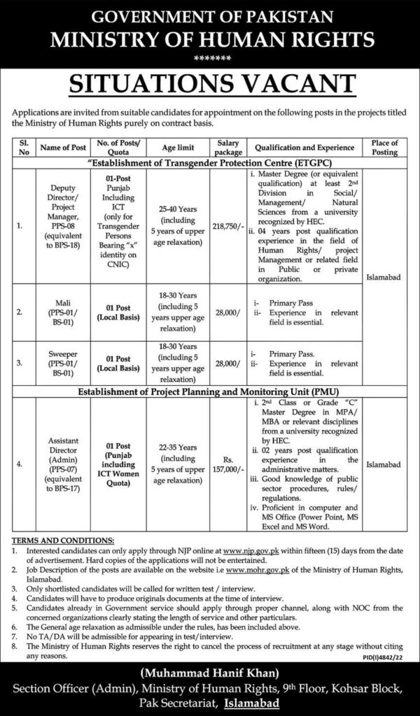 Ministry of Human Rights Latest Jobs In Islamabad Pakistan