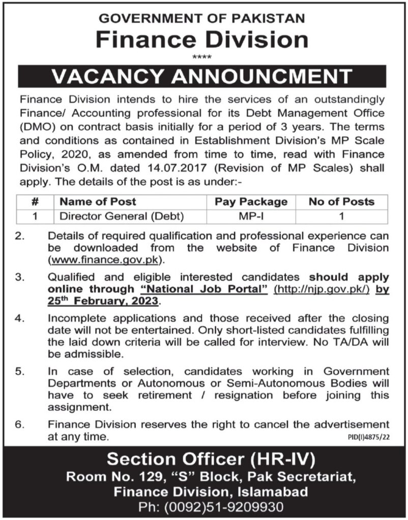 Federal Government Jobs At Finance Division Islamabad