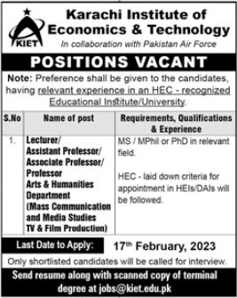 Jobs At PAF KIET Karachi Institute of Economics & Technology