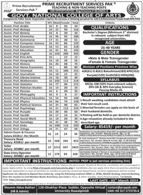 Government Latest Jobs At National College of Arts NCA 