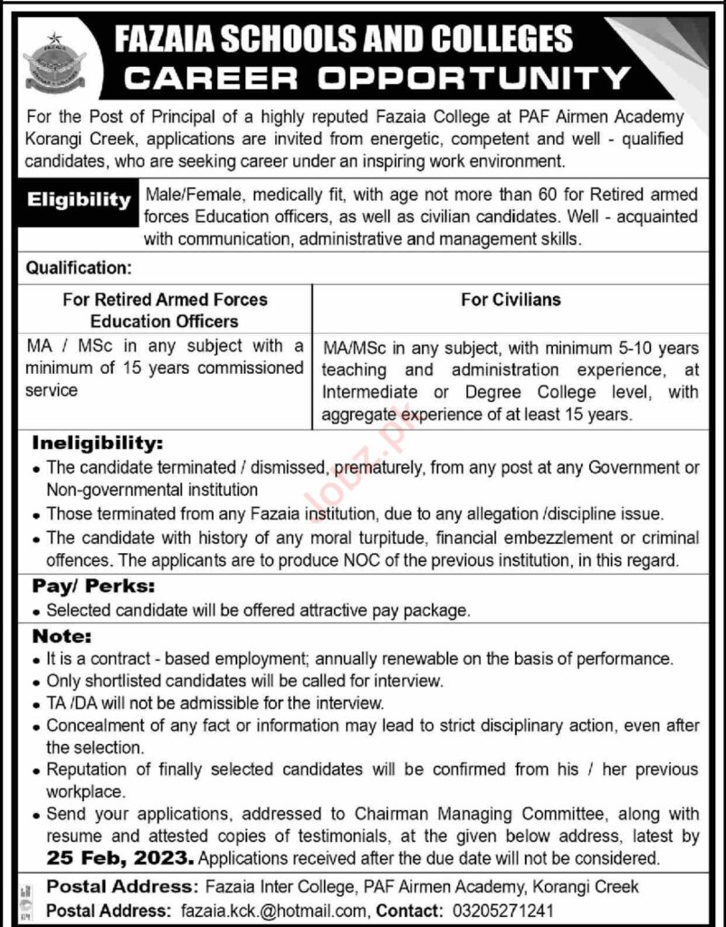Government Jobs At Fazaia College In Karachi Pakistan
