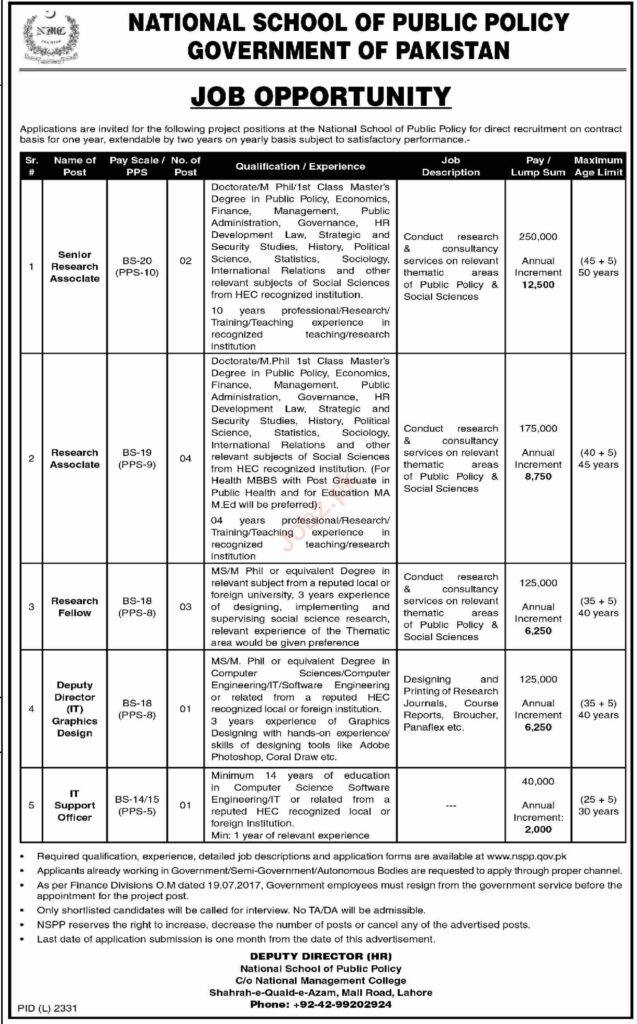 National School of Public Policy Latest Govt Jobs Lahore