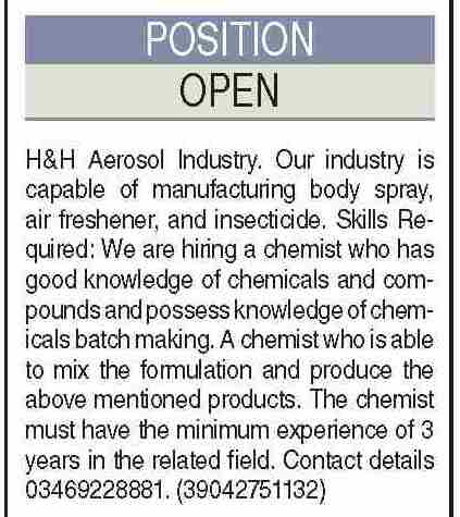 Latest Jobs At H&H Aerosol Industry In Karachi Pakistan