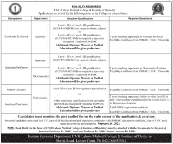 CMH Lahore Medical College Government Latest Jobs Pakistan