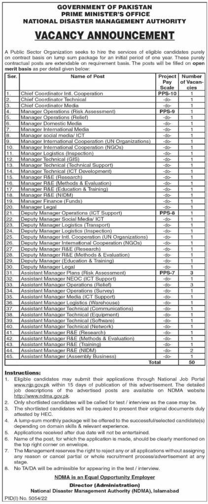 Federal Govt Jobs At National Disaster Management Authority