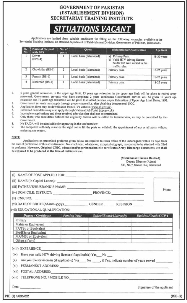 Federal Govt Jobs At Establishment Division In Islamabad