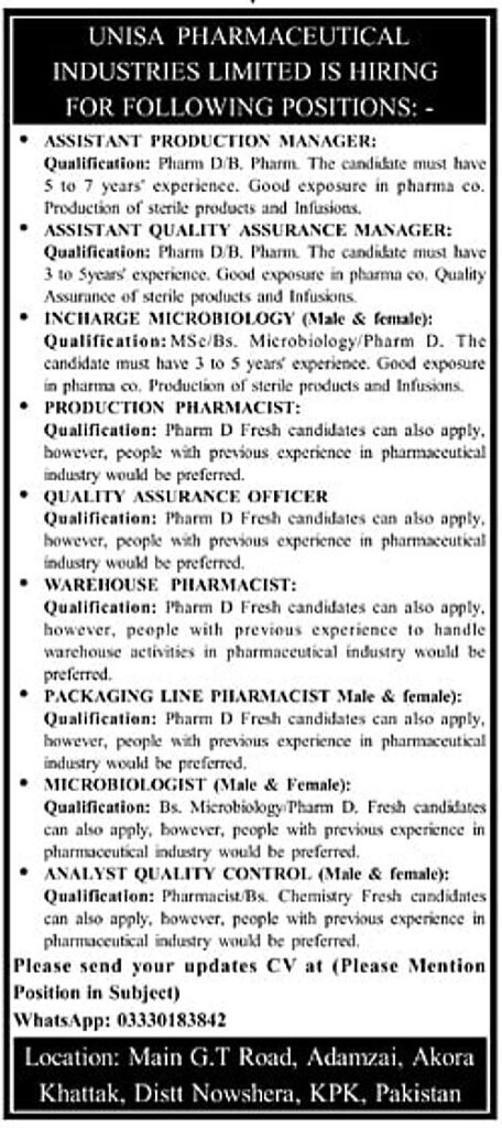 Jobs At Unisa Pharmaceutical Industries Limited In Nowshera