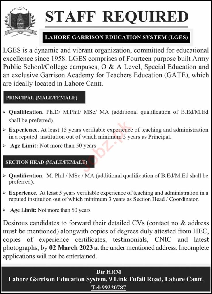 Govt Jobs At Lahore Garrison Education System LGES Punjab
