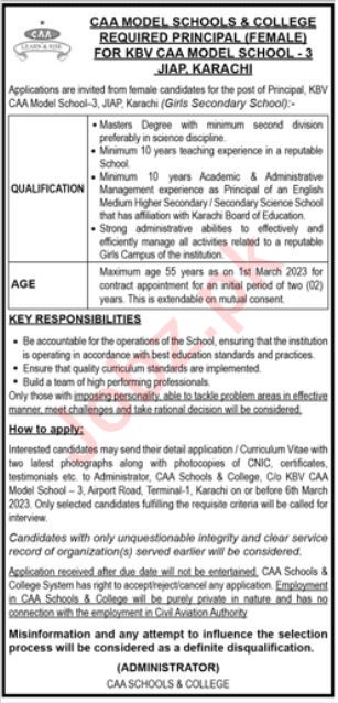 Govt Management Jobs At CAA Model School & College Karachi