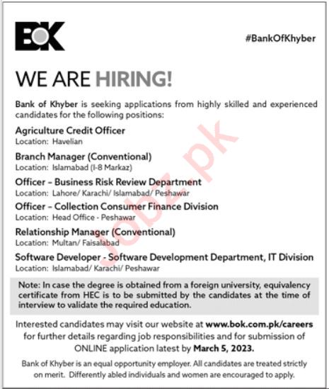 Government Jobs At The Bank of Khyber BOK In Lahore