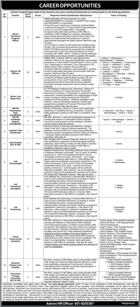 Govt Jobs At National TB Control Program NTP In Lahore