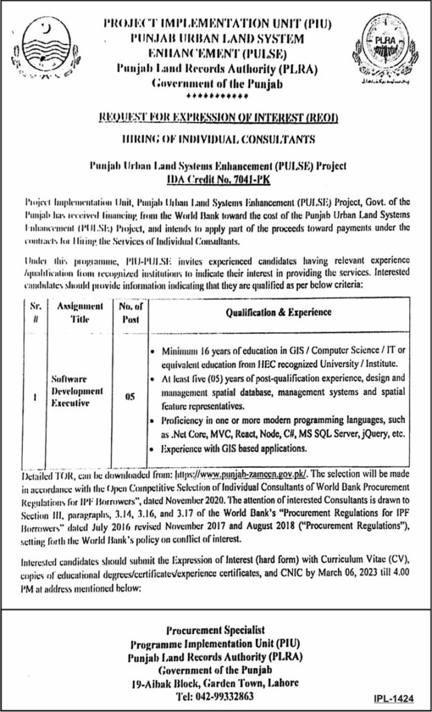 Govt Jobs At Punjab Land Records Authority PLRA In Lahore