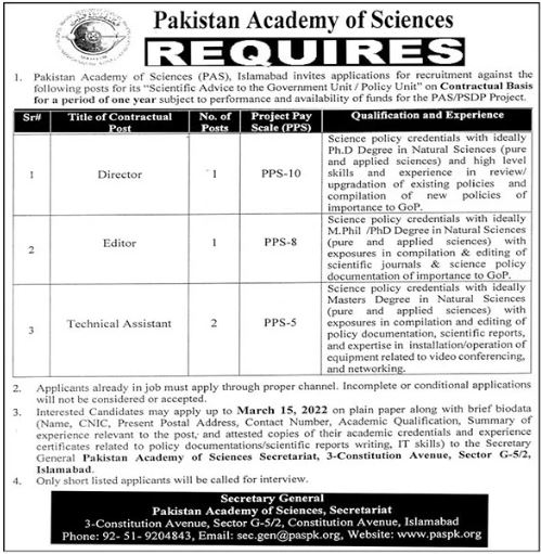 Federal Govt Jobs At Pakistan Academy of Sciences Islamabad