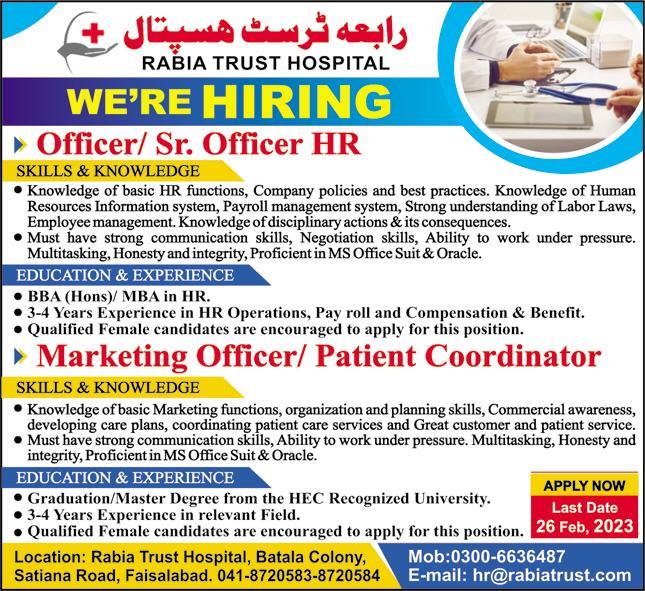 Medical Staff Jobs At Rabia Trust Hospital In Faisalabad
