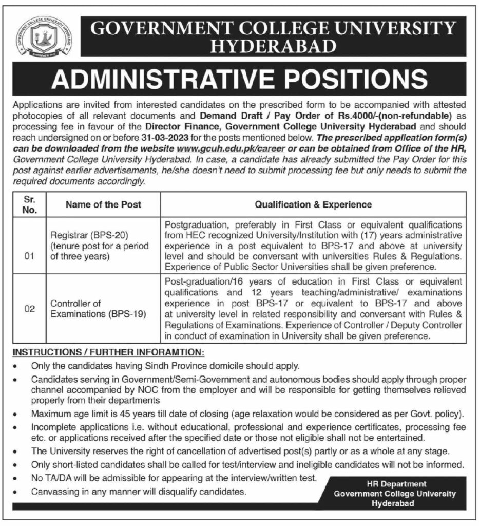 Government College University Latest Govt Jobs In Hyderabad