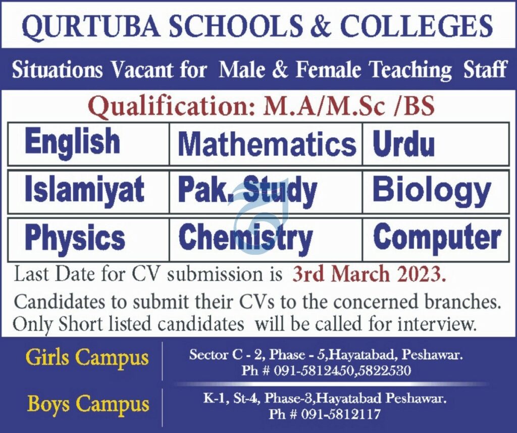 Teaching Staff Jobs At Qurtuba School & College In Peshawar
