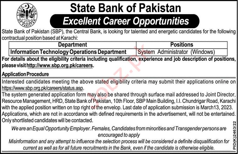Govt Bank Jobs At State Bank of Pakistan SBP In Karachi